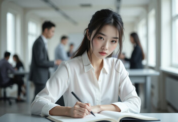 portrait of young asian businesswoman writing in notebook while working in office, close up