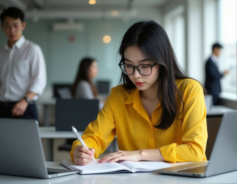portrait of young asian businesswoman in yellow blouse writing in notebook while working in office