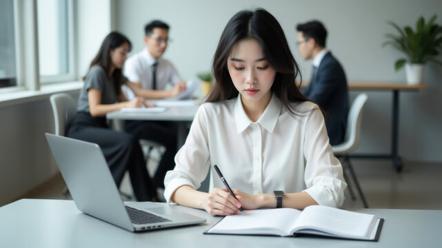 Portrait of young asian businesswoman writing in notepad while working in office, laptop nearby - Powered by Adobe