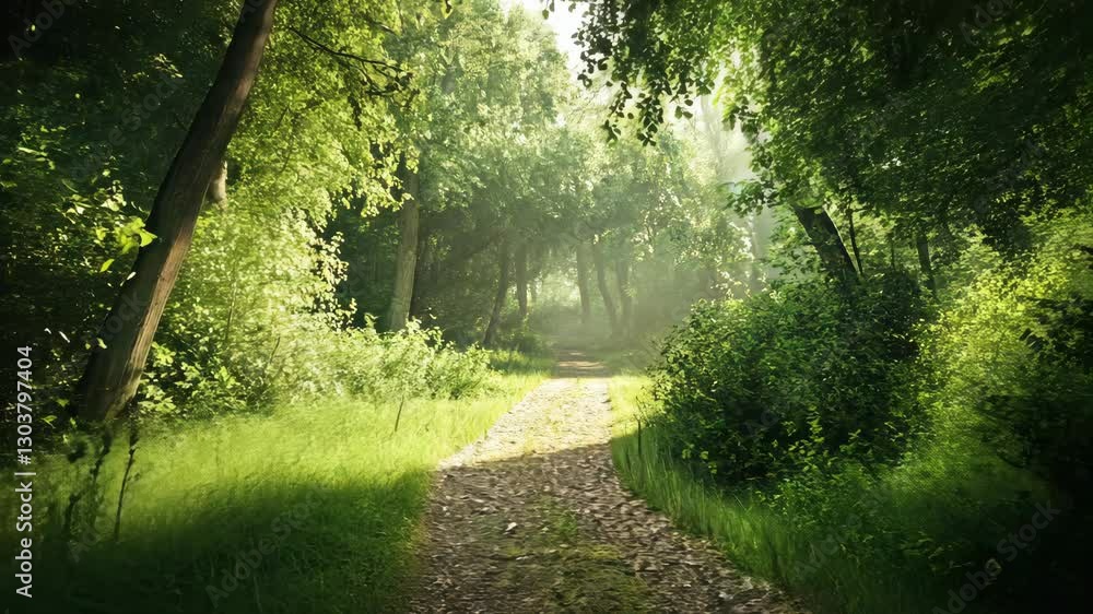 Poster serene forest pathway illuminated by soft sunlight filtering through the trees in early morning
