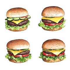 Classic fresh burgers with juicy patties, lettuce, and cheese, arranged for a delicious display The burgers are isolated on white background