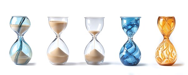 Classic hourglasses with intricate sand flow and transparent glass designs, isolated on white background