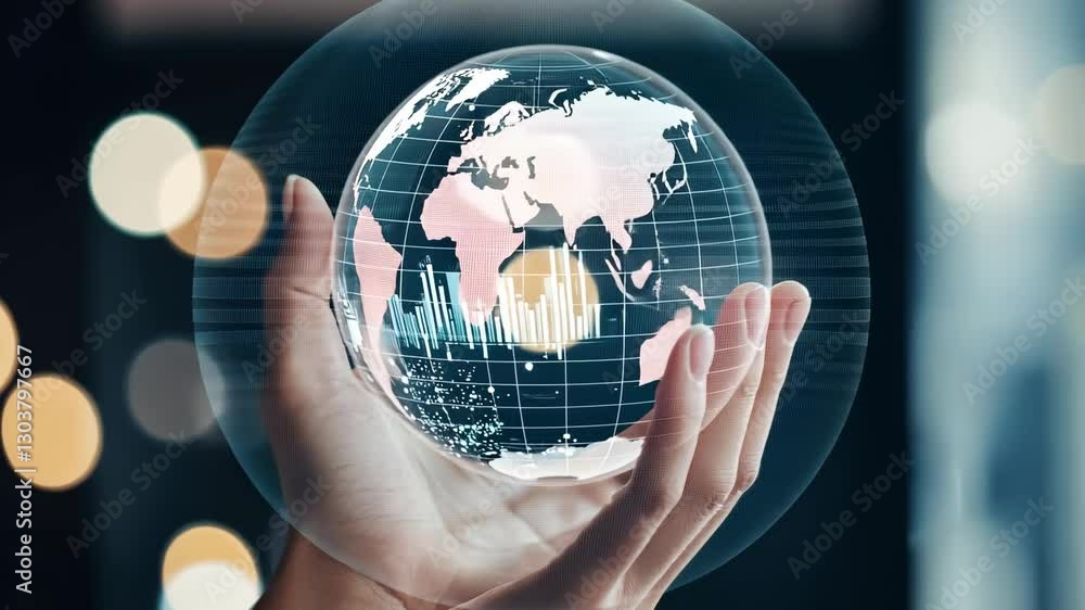 Poster innovative technology showcases a hand holding a globe with illuminated continents and data graphics
