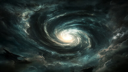 A swirling cosmic vortex with glowing light at its center