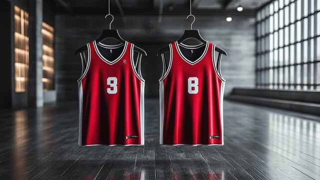 Two basketball jerseys hanging in a modern room. Possible use Sports apparel catalog or website