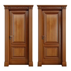 Closed wooden doors with elegant designs, isolated to highlight their clean lines and craftsmanship The doors are isolated on white background