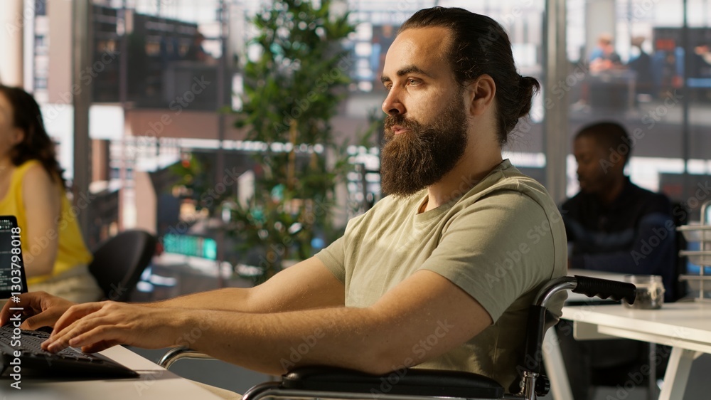 Poster system administrator with disability in inclusive workspace training machine learning models. it spe