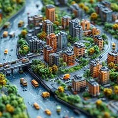 Detailed Aerial View of a Vibrant Miniature Cityscape with Traffic and Lush Greenery