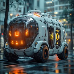 Futuristic vehicle with glowing lights parked on urban street in rainy weather at nighttime