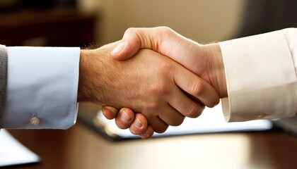 a professional handshake over an office desk, symbolizing trust and mutual understanding
