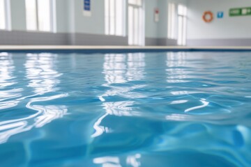 Obraz premium Close-up of calm, rippling blue water in an indoor pool, light reflecting on the surface, windows in the background.