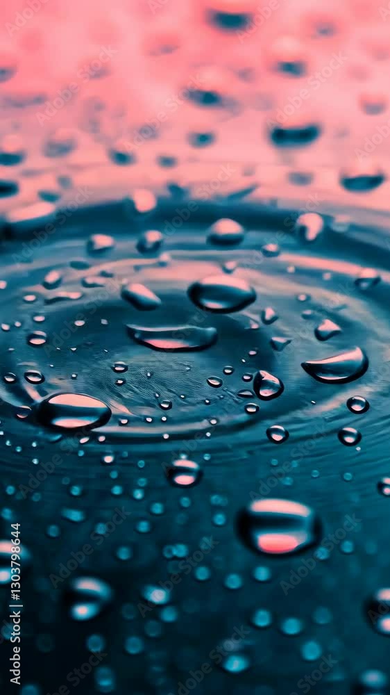 Poster water droplets create mesmerizing patterns on a surface during a colorful sunset in an urban setting