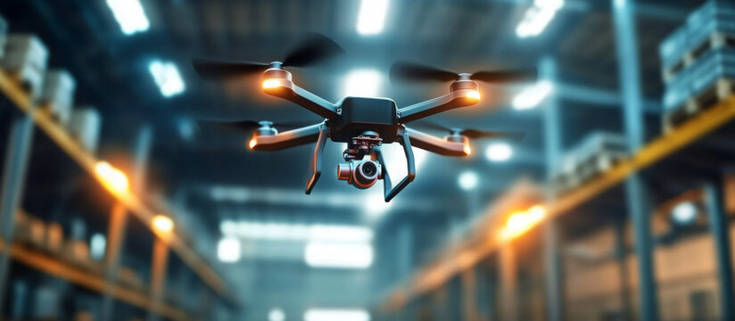 Innovative drones navigate a smart warehouse for advanced logistics and efficient inventory management 
