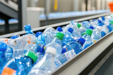 Conveyor belt filled with used plastic bottles, for recycling process at a recycling plant.