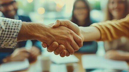 professionals exchanging a handshake during a recruitment meeting, symbolizing mutual agreement