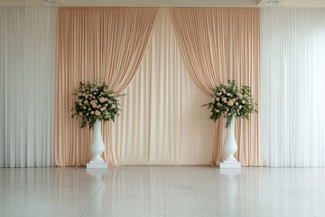Wedding ceremony location decorated with peach and white curtains and flowers