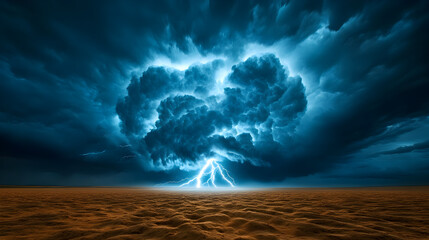 A Dramatic View of a Thunderstorm Rolling Over a Flat Desert Landscape, Showcasing an Intense Lightning Bolt Illuminating the Sky Amidst a Brooding Atmosphere