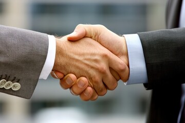 two executives shaking hands in front a blurred backdrop, symbolizing unity and collaboration
