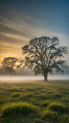 Obraz premium Thick morning fog over grassy plains