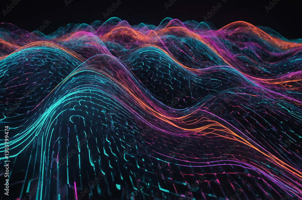 Poster abstract neon data waves flowing in a futuristic digital style