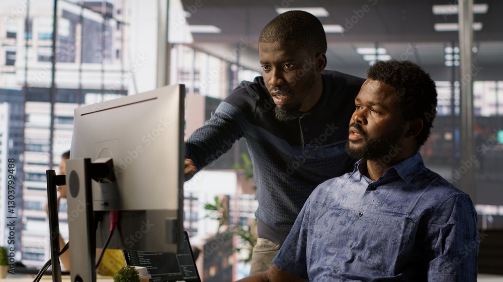 Poster admin assisted by coworker, working with machine learning artificial intelligence critical to autono