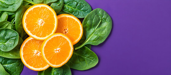 A Vibrant Flat Lay Composition Showcasing Segmented Oranges Alongside Fresh Spinach Leaves on a Rustic Wooden Surface, Perfect for Health and Culinary Themes