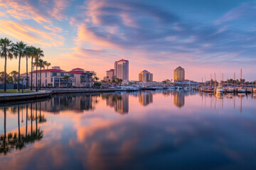 Fototapeta premium St. Petersburg, Florida, USA. Cityscape image of St. Petersburg, Florida with reflection of the city skyline in the water at beautiful sunset. 