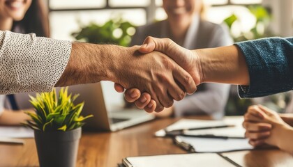 Cropped view businesspeople shaking hands in an office, celebrating teamwork and collaboration