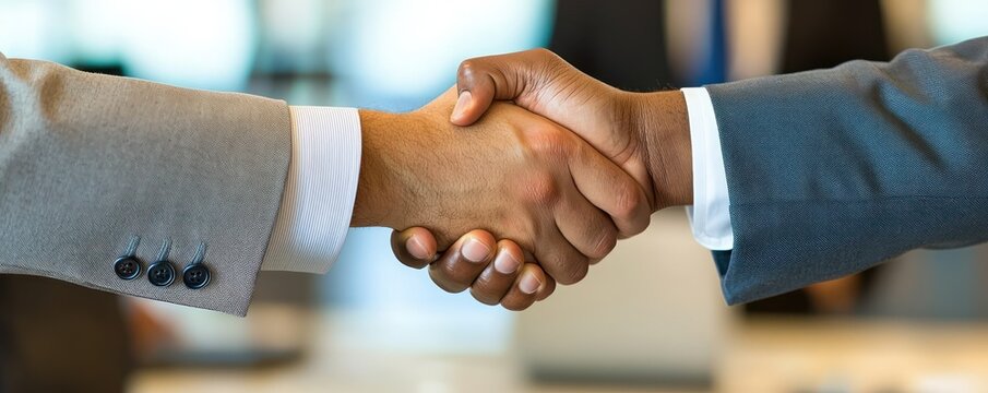 Diverse business leaders exchanging a handshake during an office meeting, emphasizing mutual trust and respect