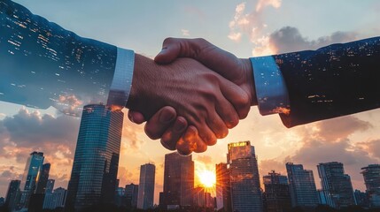 Double exposure a handshake and skyscrapers at sunset, symbolizing partnership and agreement