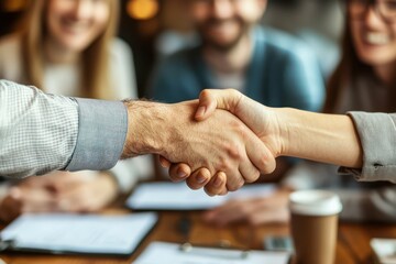 Happy professionals shaking hands during a team board meeting, emphasizing collaboration and trust