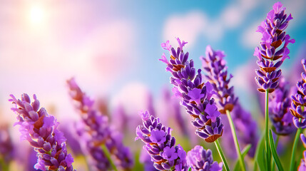 Obraz premium A Picturesque Lavender Field Stretching into the Horizon Beneath a Clear Blue Sky, Showcasing Rows of Blooming Purple Flowers and Invoking a Sense of Serenity and Tranquility
