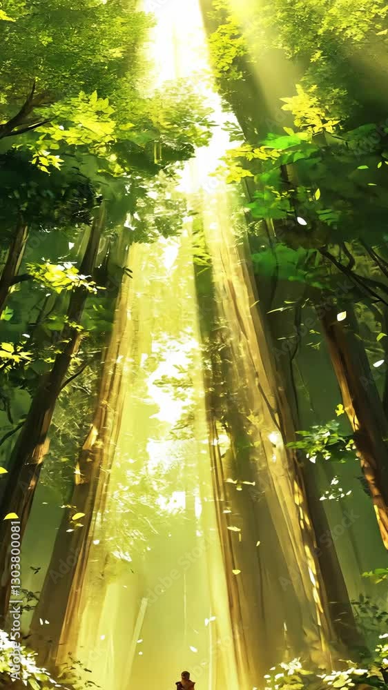Aufkleber sunlight filters through lush green trees in a serene forest during daytime, creating a peaceful atm