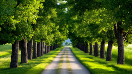 A tranquil dirt path meandering through a serene forest, flanked by towering trees that create a peaceful, shaded canopy, inviting a sense of calm and exploration.