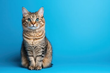 Obraz premium Striking Tabby Cat with Bright Blue Eyes Sitting Against a Solid Blue Background