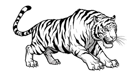 Obraz premium Tiger Illustration Prowling with Black Stripes and White Background Art