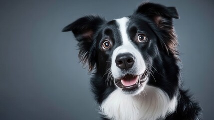 Fototapeta premium Charming Black and White Dog with Expressive Eyes on Gray Background in Studio Setting