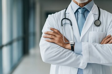 Senior doctor wearing white coat and stethoscope crossing arms in hospital corridor