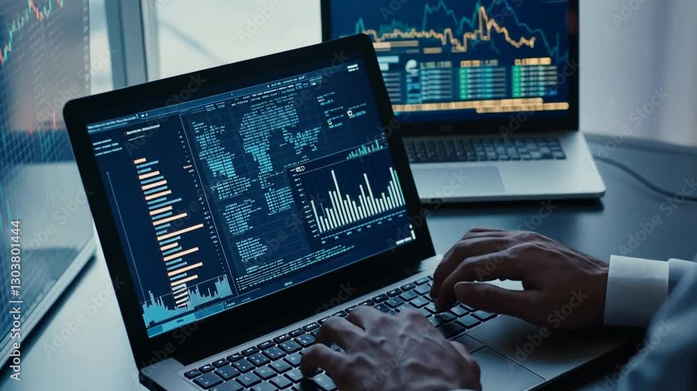 Poster analyzing financial data on multiple laptops for investment and trading strategies