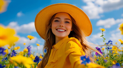 A young woman joyfully running through a vibrant field of wildflowers, embracing the beauty of nature under a clear blue sky during a sunny day