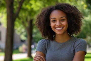 Fototapeta premium Happy Young African American Woman Smiling Outdoors Portrait Beautiful Natural Light Summer Day Cheerful Expression Positive Energy Friendly Youthful 