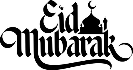 Black and White Eid Mubarak Mosque Illustration