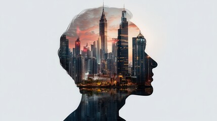 Silhouette of a Human Head Merged with a City Skyline at Sunset in a Creative Double Exposure