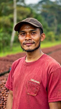 Indonesian Cacao Farmer Drying Fermented Cocoa Beans Outdoors in Rural Plantation Setting with Lush Greenery Background
