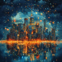 Fototapeta premium Enchanted Urban Skyline at Night with Glittering Lights and Reflective Water Surface
