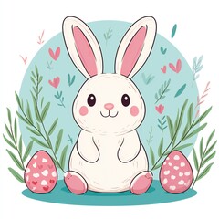 Obraz premium Easter Holiday, Easter Concept, Adorable Easter Bunny with Pink Eggs and Spring Flowers Illustration