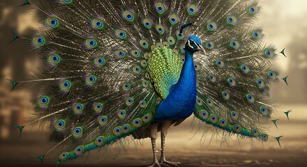 Obraz premium Peacock Displaying Iridescent Plumage with Its Tail Feathers Fanned Beautifully