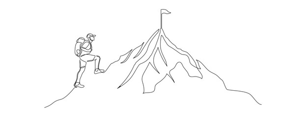 Man climbs the mountains in one continuous line drawing. Traveler with backpack is hiking in simple linear style. Leadership development Editable stroke. Doodle vector illustration