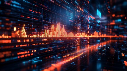 Futuristic digital trading floor concept with abstract elements and fluctuating visuals.