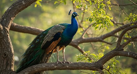 Obraz premium Peacock Perched on Branch with Vibrant Plumage in Natural Setting